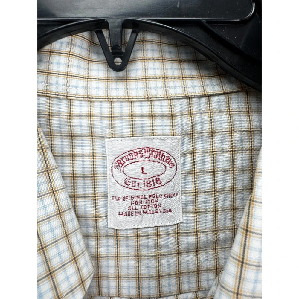 Brooks Brothers Mens Button Down Shirt L Tan Blue Check Cotton Long Sleeve
